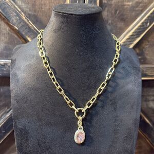 Elegant 14K Gold Plated Chain Necklace with Pink Pendant  And Zirconia